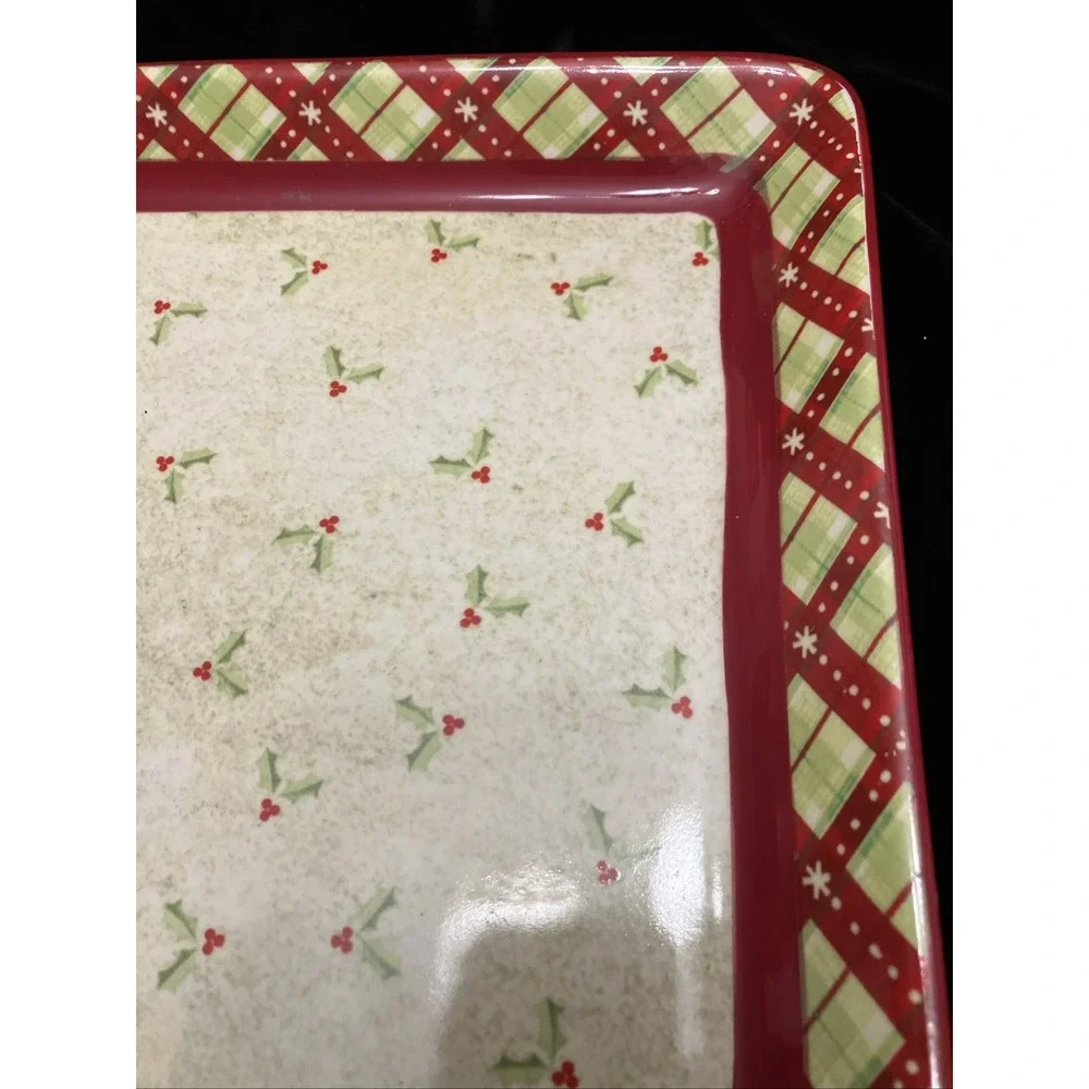 Debbie Mumm JoAnn 2008 Holly Berries Square Porcelain Serving Platter Plaid Chip